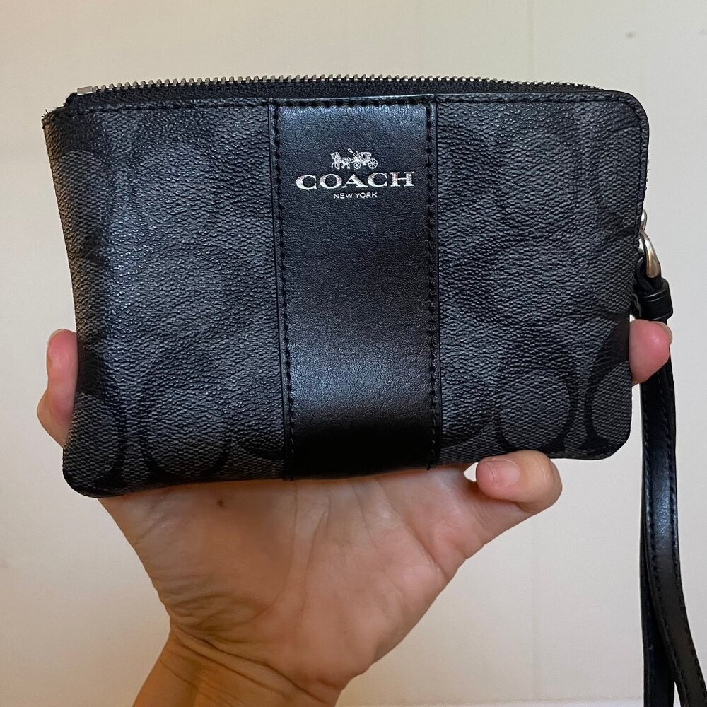 Coach Corner Zip Wristlet in Signature Canvas with Black Stripe